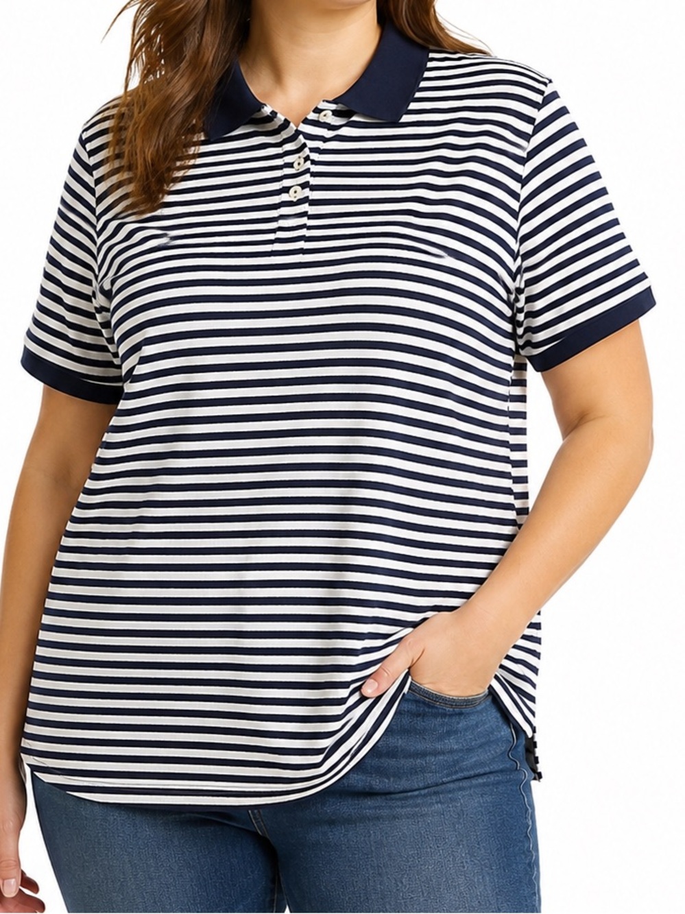 L.L.Bean Women’s Relaxed Fit Polo Shirt 100% Cotton Navy White Stripe 1X Plu